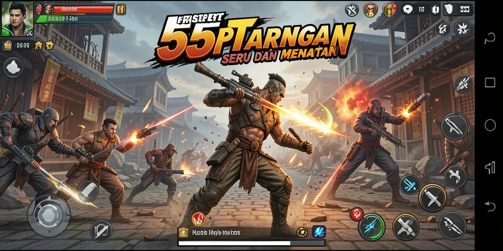 Tangkapan layar utama 55RT menampilkan aksi pertarungan yang mendebarkan.