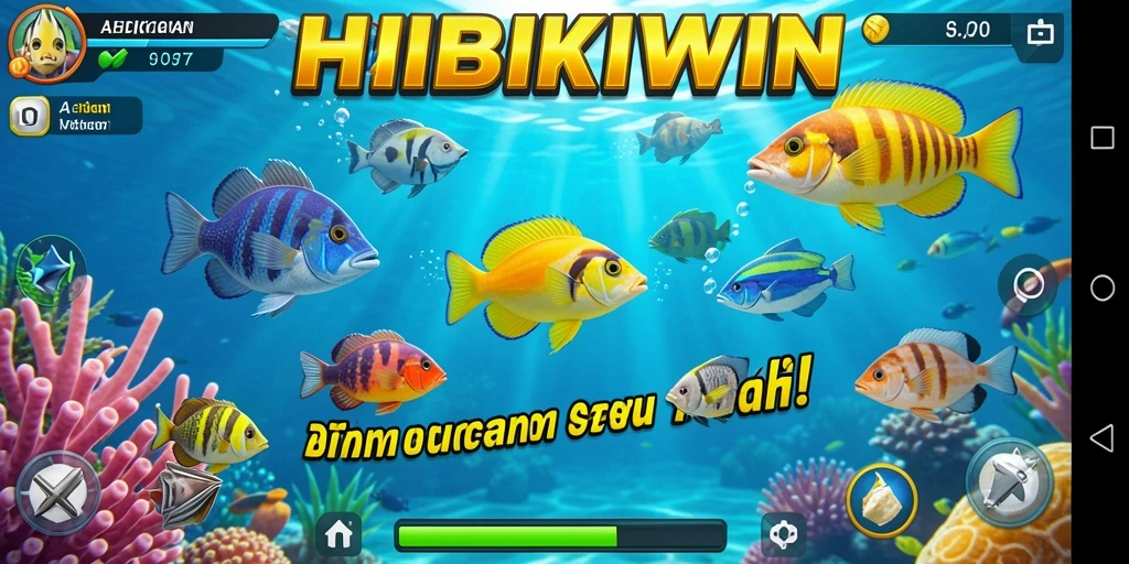 Tampilan gameplay HIBIKIWIN dengan berbagai ikan yang menanti untuk ditangkap.