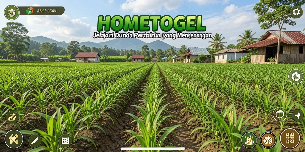 Tampilan gameplay HOMETOGEL dengan kebun yang subur dan tanaman yang indah.